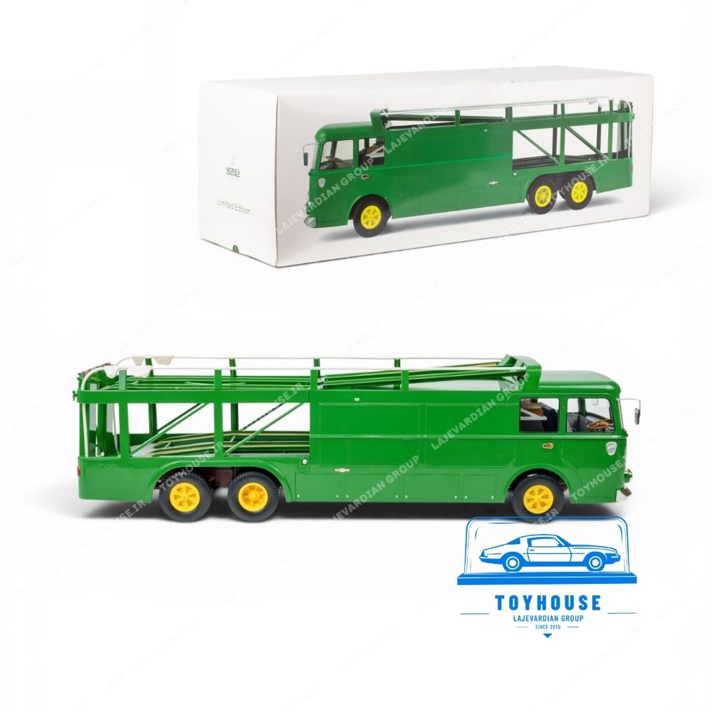 ماکت کامیون حمل خودرو مسابقه‌ای فیات بارتولتی 642 RN2 سبز رنگ مقیاس 1:18 برند Norev با طراحی کلاسیک ترانسپورتر خودروهای مسابقه‌ای دهه ۱۹۶۰