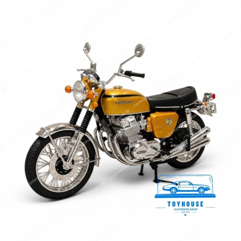 ماکت موتور هوندا دریم CB750 Four طلایی مقیاس ۱:۱۲ با جزئیات دقیق موتور چهار سیلندر، اگزوزهای کرومی و چرخ‌های سیمی