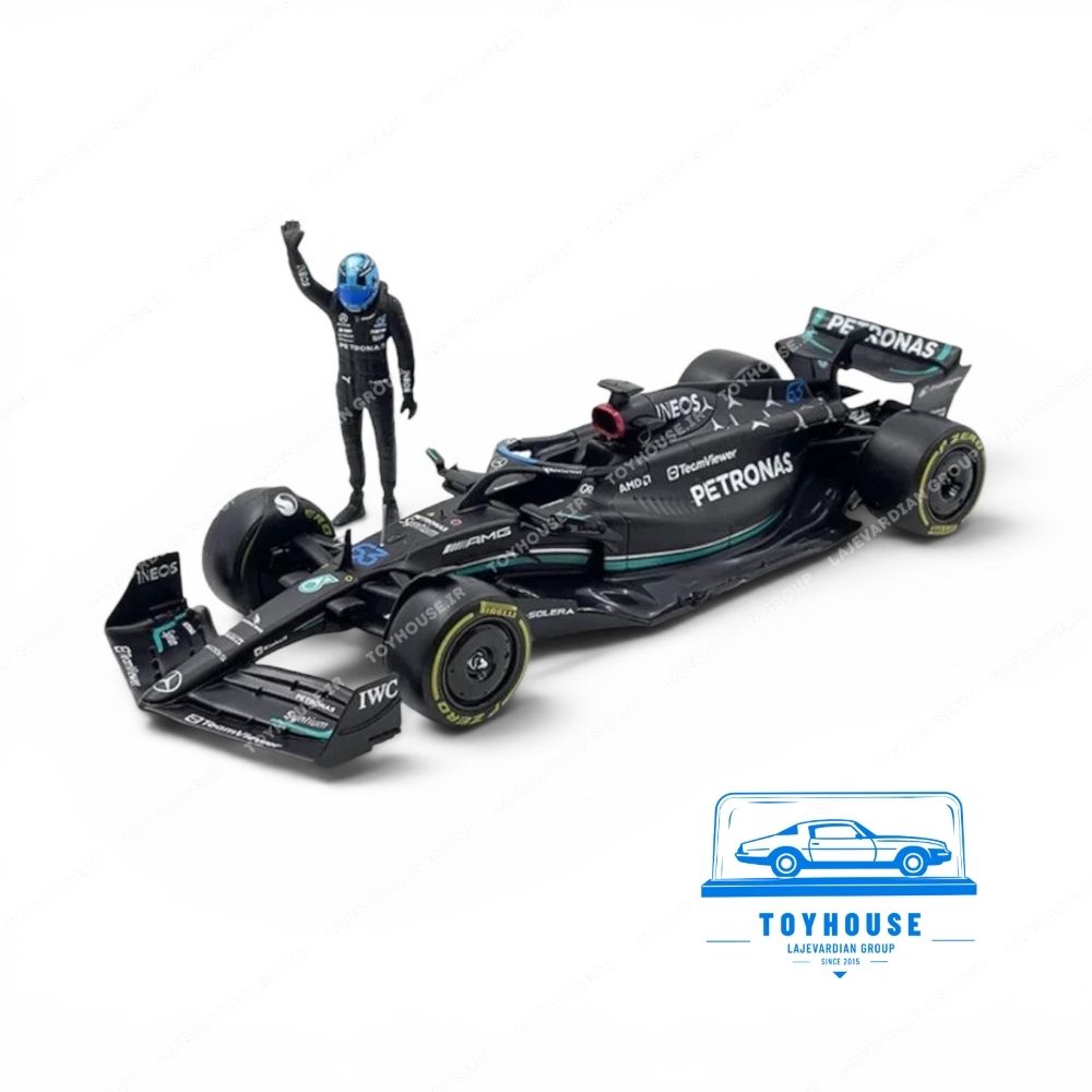 ماکت فلزی فرمول یک اسپرت مرسدس بنز AMG W14 مشکی به همراه اکشن فیگور جورج راسل بوراگو ۱:۲۴
