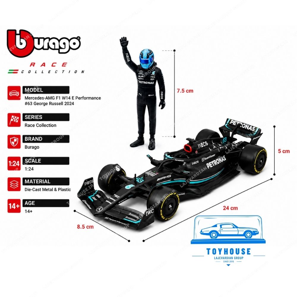 ماکت ماشین مرسدس بنز AMG W14 فرمول یک + فیگور جورج راسل بوراگو ۱:۲۴ - تصویر 3