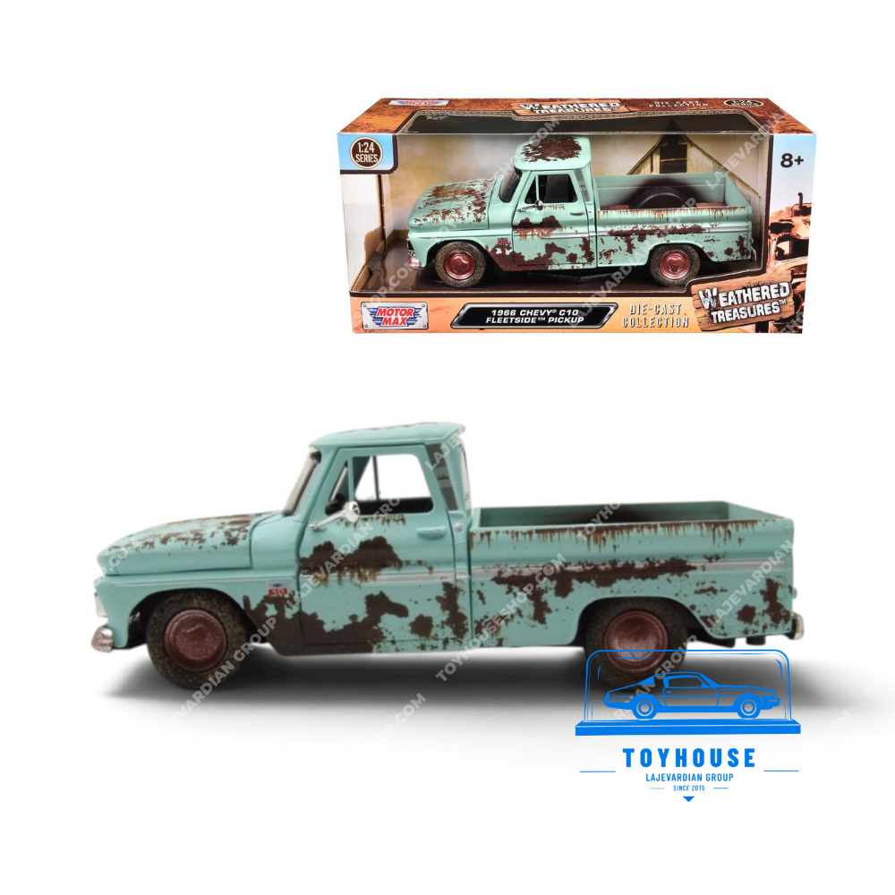 ماکت وانت شورولت C10 فلیتساید ۱۹۶۶ موتورمکس سری Weathered Treasures مقیاس ۱:۲۴، رنگ سبز فیروزهای با زنگزدگی مصنوعی، همراه جعبه اصلی