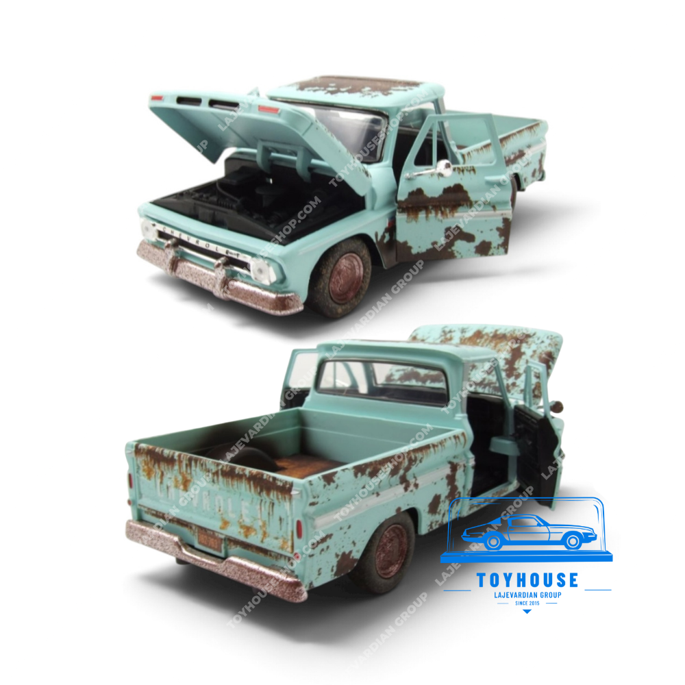 ماکت شورولت C10 فلیتساید ۱۹۶۶ موتورمکس سری Weathered Treasures، نمای جلو و عقب با کاپوت و در بازشو، سپر زنگزده و بدنه فیروزهای کهنهکاریشده.
