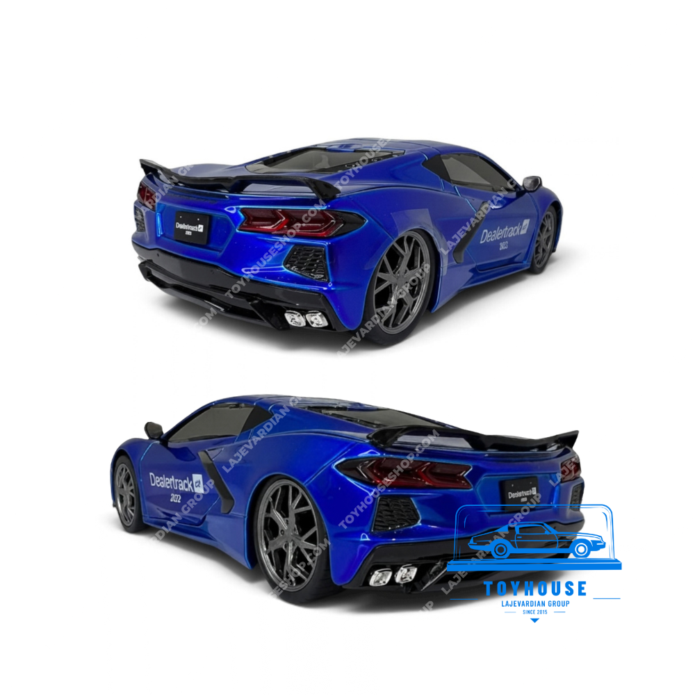 ماکت Chevrolet Corvette Stingray C8 Dealertrack 2022 آبی نمای عقب سه رخ با اسپویلر مشکی