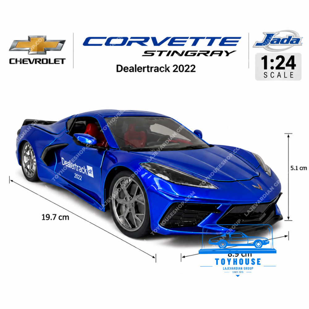 ماکت شورولت کوروت استینگری C8 Dealertrack 2022 آبی جادا تویز مقیاس 1:24 با نمایش ابعاد