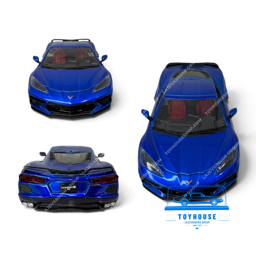 ماکت Chevrolet Corvette Stingray C8 آبی Dealertrack 2022 نمای جلو بالا و عقب خودرو