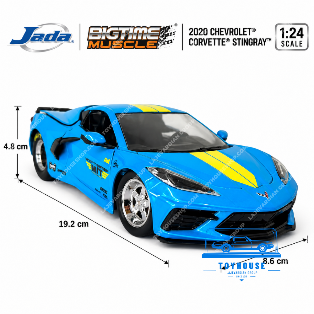 ابعاد ماکت شورولت کوروت استینگری 2020 برند Jada Toys سری Bigtime Muscle مقیاس 1:24 با طول 19.2، عرض 8.6 و ارتفاع 4.8 سانتیمتر