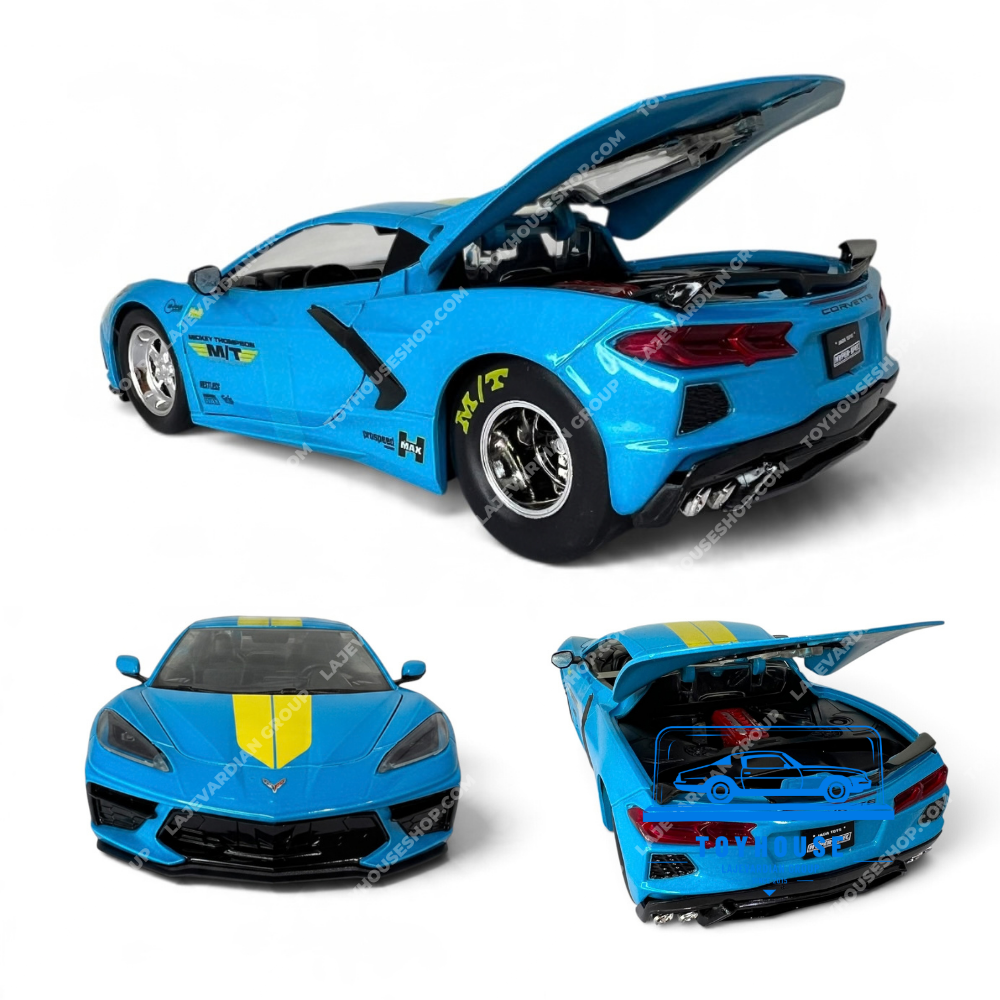 ماکت فلزی Chevrolet Corvette Stingray C8 جادا مقیاس 1:24 با درپوش موتور عقب بازشو، بدنه آبی فیروزهای، لاستیک مسابقهای Mickey Thompson و اگزوز چهارگانه
