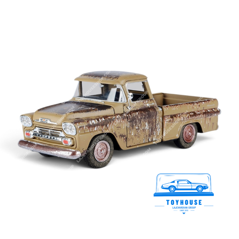 ماکت وانت شورولت آپاچی فلیت‌ساید ۱۹۵۸ موتورمکس سری Weathered Treasures مقیاس ۱:۲۴، بدنه قهوه‌ای خاکی با پتینه زنگ‌زدگی، جلوپنجره کرومی و طراحی رت‌استایل