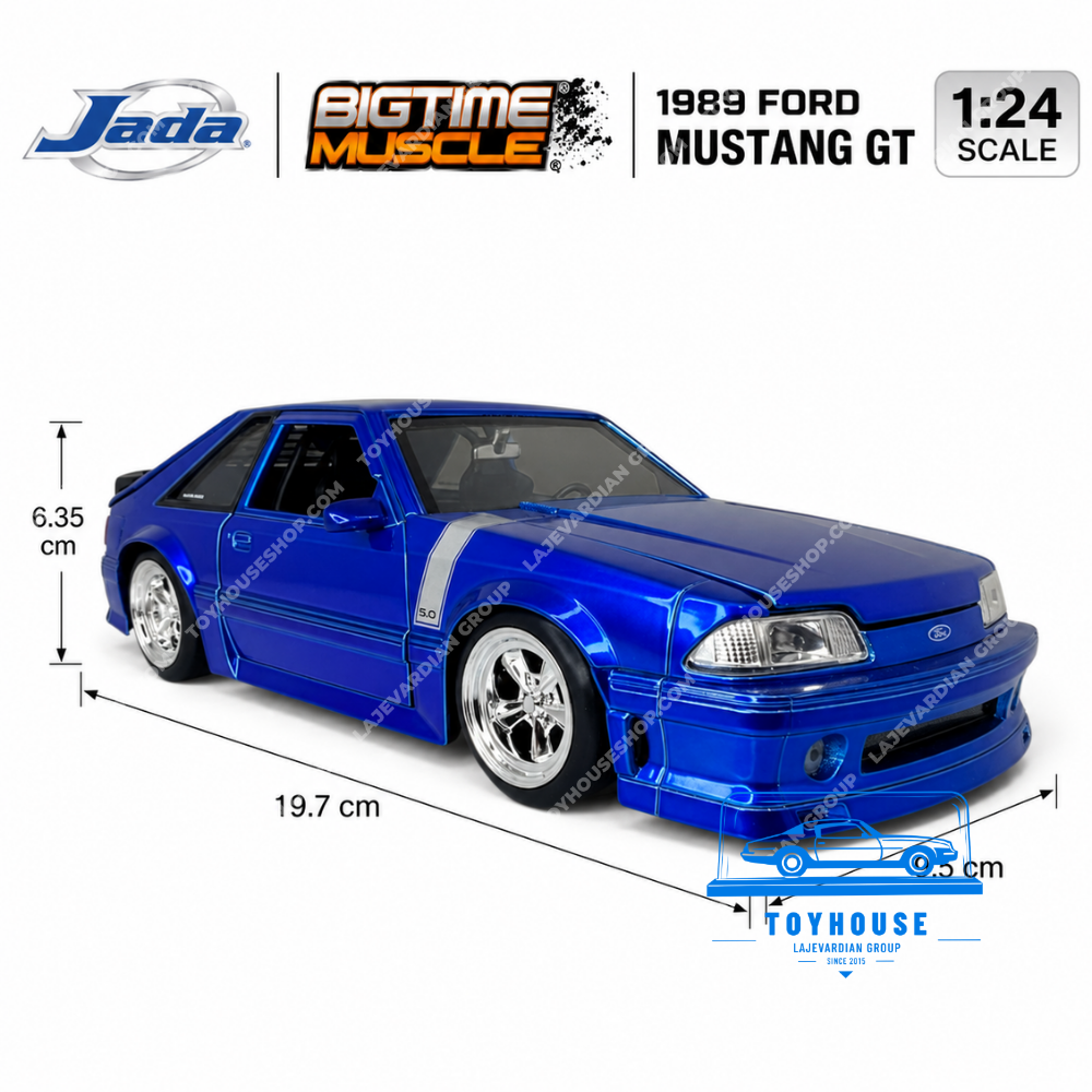 ابعاد ماکت فورد موستانگ GT 1989 جادا مقیاس 1:24 آبی سری Big Time Muscle