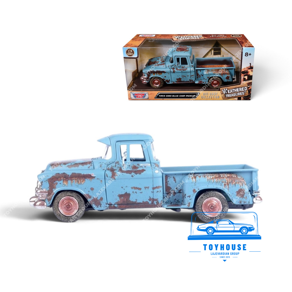 ماکت GMC Blue Chip Pickup مدل ۱۹۵۵ موتورمکس ۱:۲۴ همراه جعبه اصلی سری Weathered Treasures، رنگ آبی فرسوده با زنگزدگی مصنوعی، رینگهای قرمز و اتاق بار فلزی