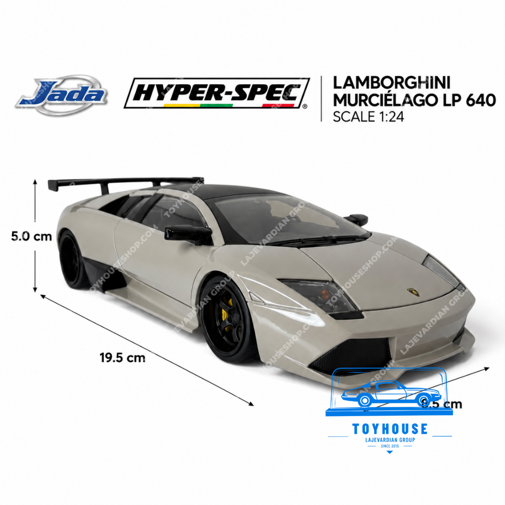 ماکت Lamborghini Murcielago LP 640 جادا مقیاس 1:24 با نمایش ابعاد و نمای سه رخ جلو