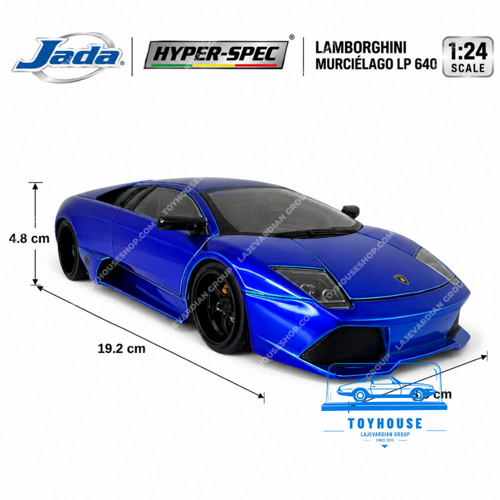 ابعاد ماکت فلزی Lamborghini Murcielago LP640 آبی برند Jada Toys سری Hyper-Spec مقیاس 1:24