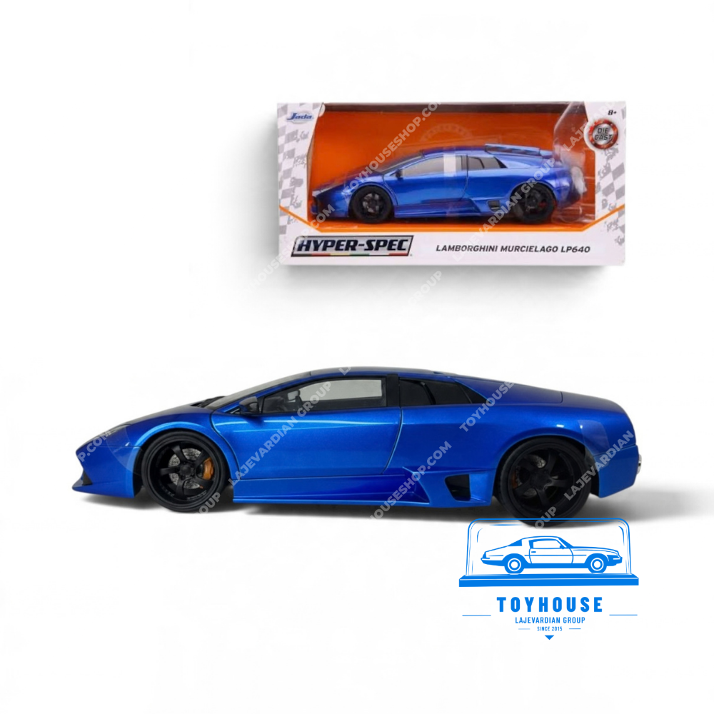 نمای جانبی ماکت لامبورگینی مورسیهلاگو LP640 برند جادا سری Hyper-Spec با بدنه آبی متالیک، رینگ مشکی و بستهبندی اصلی مقیاس 1:24