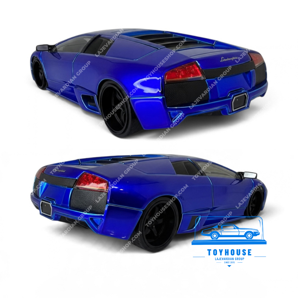 نمای عقب و جانبی ماکت کلکسیونی لامبورگینی Murcielago LP640 آبی متالیک با رینگهای مشکی، چراغ عقب قرمز و طراحی بدنه اسپرت