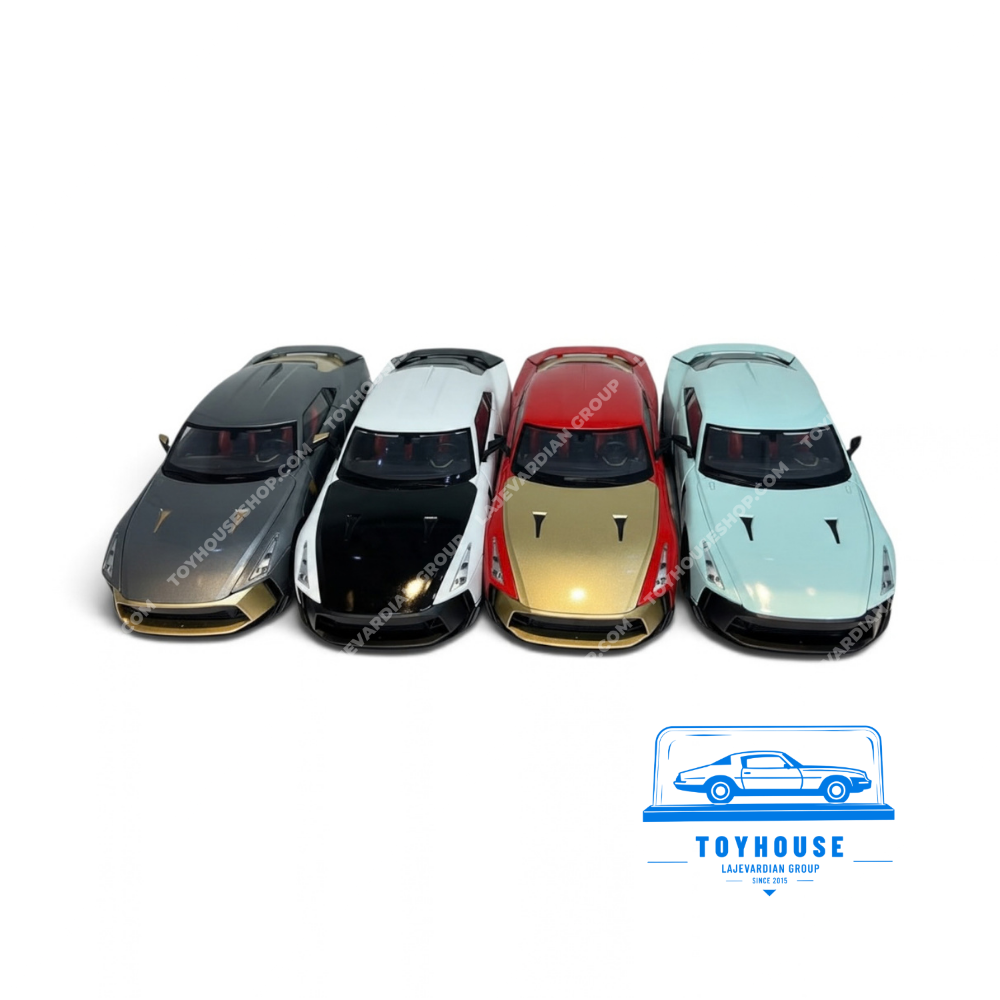 مجموعه چهار رنگ ماکت نیسان GT-R50 ایتال دیزاین شامل خاکستری طلایی، نقرهای مشکی، قرمز طلایی و آبی روشن با نمای جلو و کاپوتهای متفاوت
