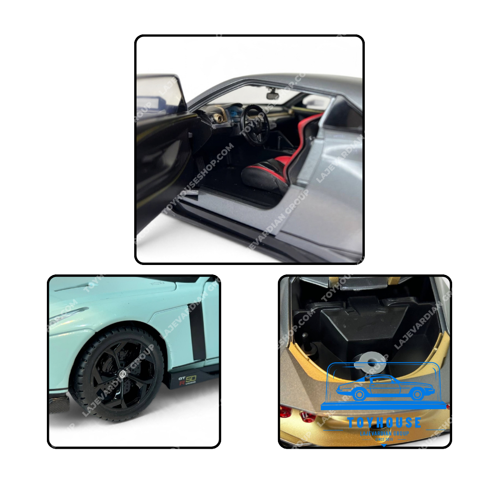 نمای نزدیک جزئیات ماکت نیسان GT-R50 شامل کابین مشکی با صندلی قرمز، فرمان و داشبورد، رینگ اسپرت مشکی و صندوق عقب بازشو