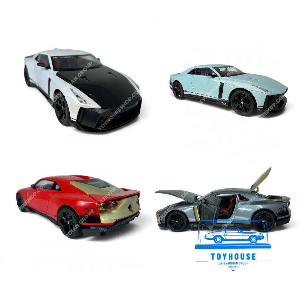 نمای چهار رنگ ماکت فلزی نیسان GT-R50 شامل نقرهای مشکی، آبی روشن، قرمز طلایی و خاکستری طلایی با درهای بازشو و صندوق عقب باز