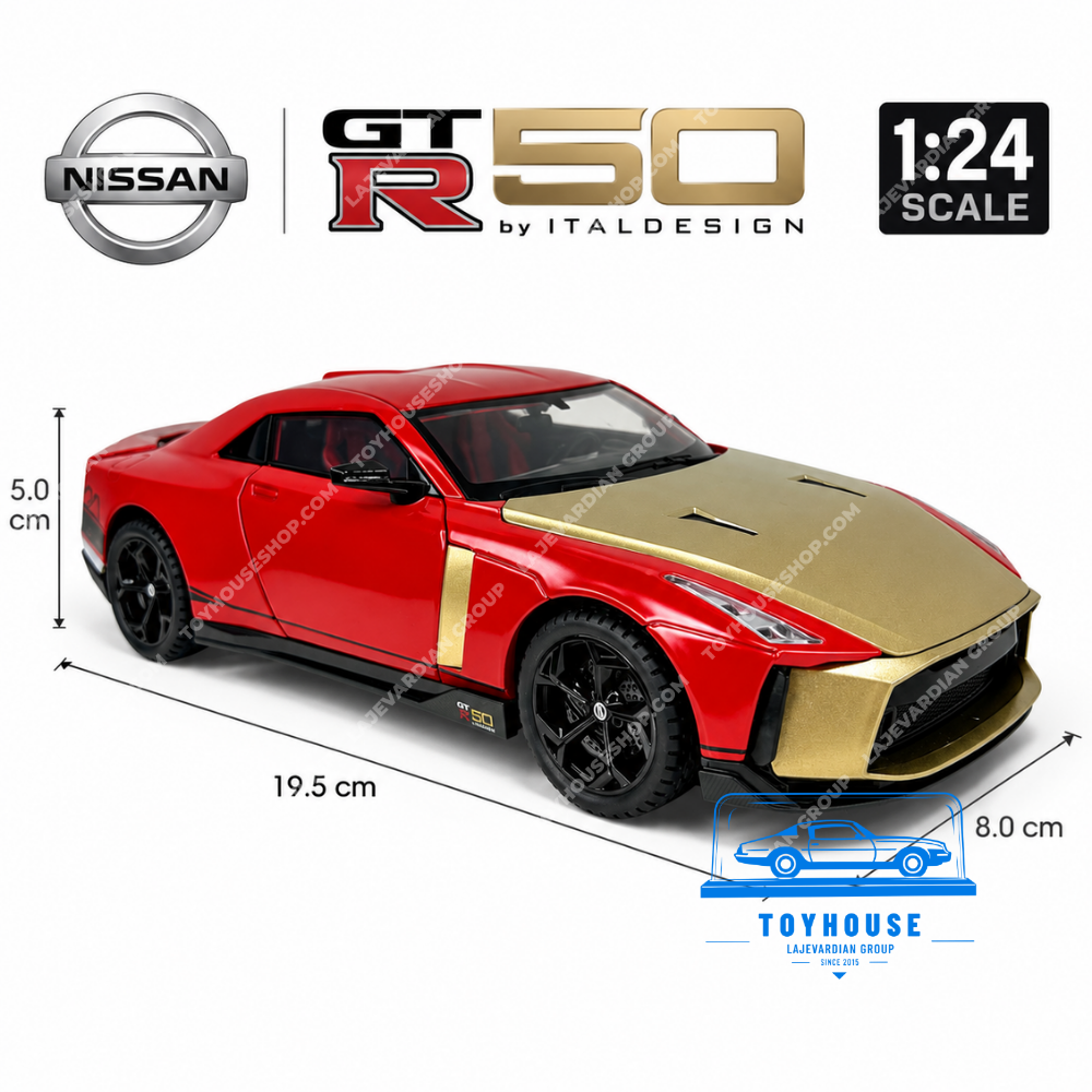 ماکت نیسان GT-R50 ایتال دیزاین قرمز طلایی مقیاس 1:24 با طول 19.5، عرض 8 و ارتفاع 5 سانتیمتر، کاپوت طلایی و رینگ مشکی