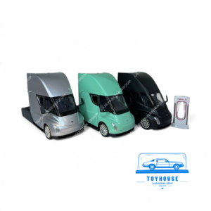 سه رنگ ماکت کامیون برقی تسلا سمی Tesla Semi شامل نقره‌ای متالیک، سبز نعنایی و مشکی مات در مقیاس ۱:۲۴، همراه با ایستگاه شارژ مینیاتوری تسلا