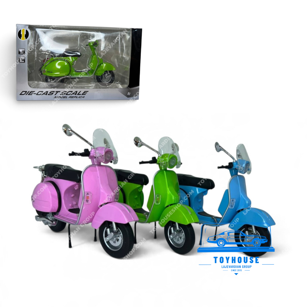 ماکت موتور سیکلت وسپا PX125 کلاسیک در رنگهای صورتی، سبز و آبی همراه با تصویر جعبه پنجرهای Die-Cast Scale، مدل فلزی چراغدار و موزیکال