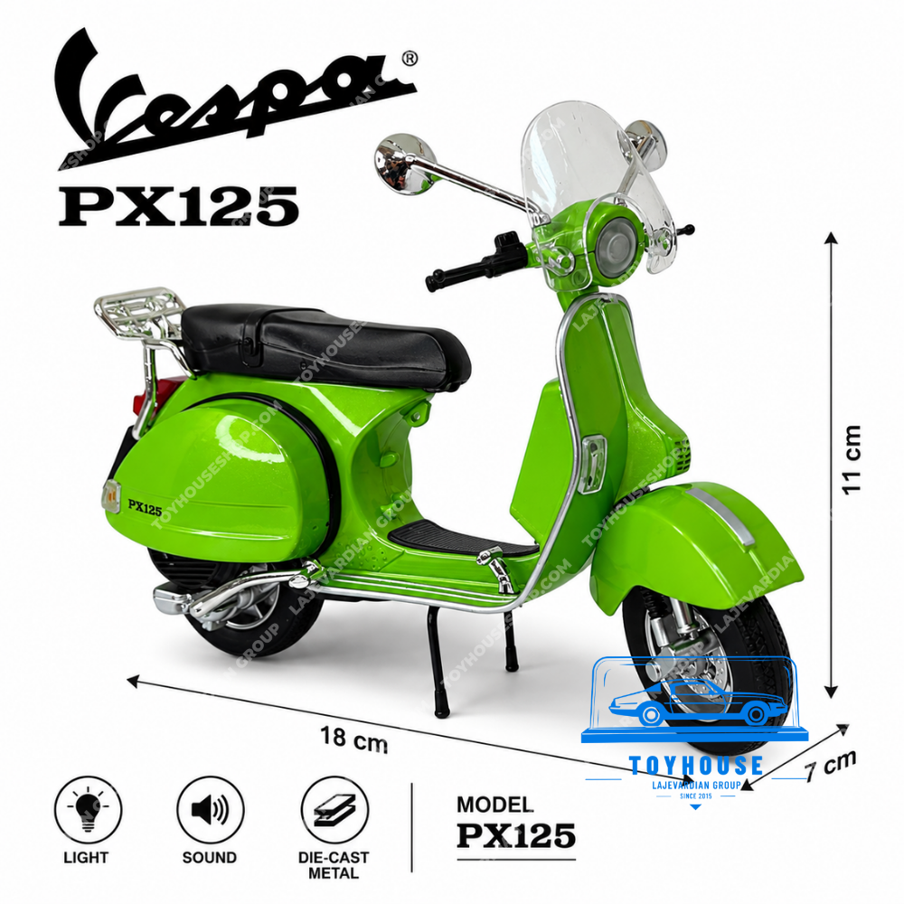 ابعاد ماکت موتور وسپا PX125 سبز با طول ۱۸، عرض ۷ و ارتفاع ۱۱ سانتیمتر، بدنه فلزی دایکست، چراغ و موزیک، شیشه جلو، زین مشکی و جزئیات کرومی